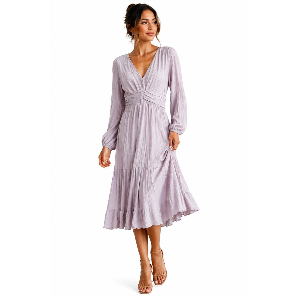 Skylar Rose Boho Maxi Dress Dusty Lavender Large Midi V-Neck Ruched Waist